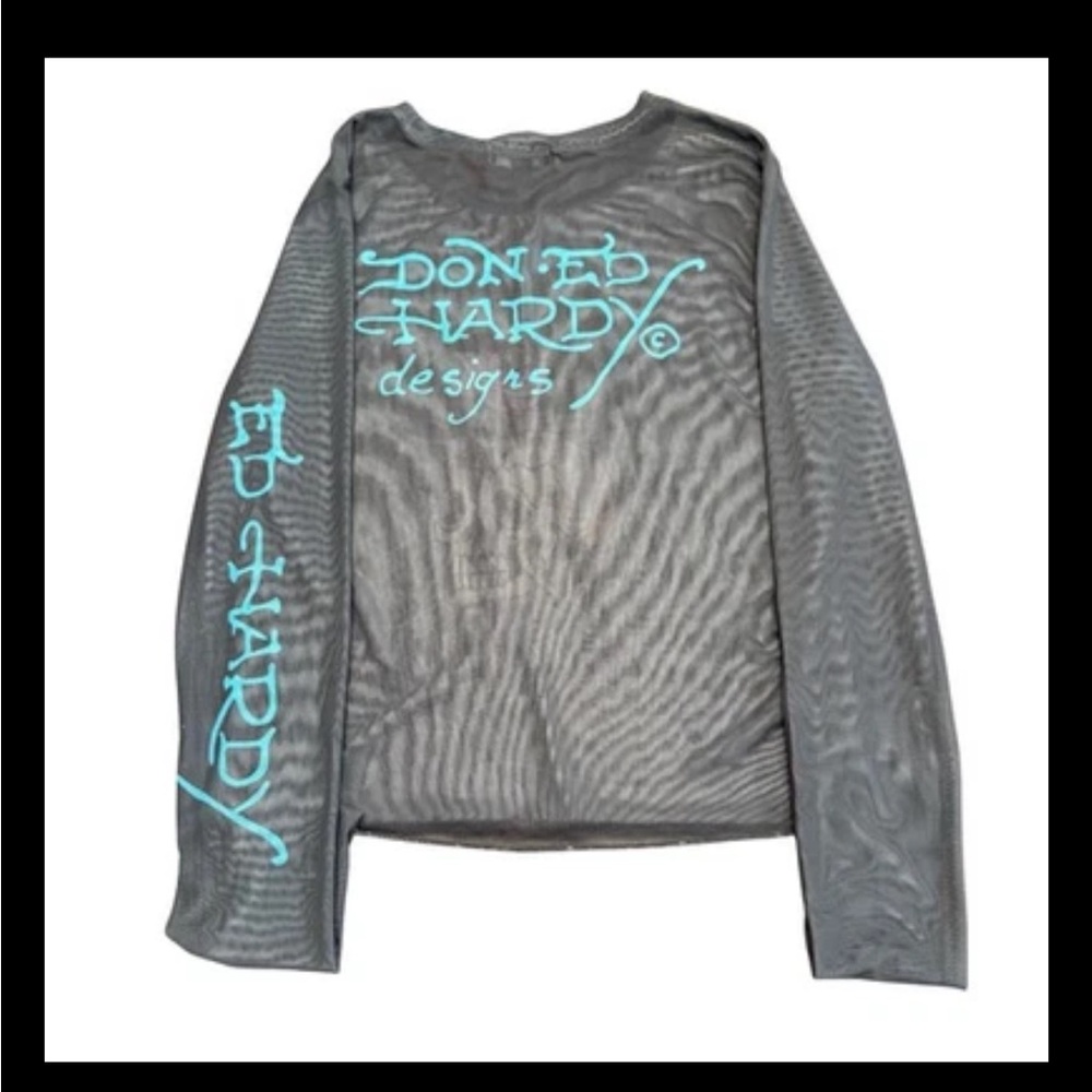 Vintage Ed Hardy Mesh Sheer Long Sleeve Top Skull Rose Tattoo Graphic Women’s M - Picture 5 of 10